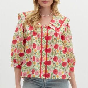 Entro Red and Pink Floral Blouse